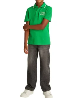 Polo en coton régénératif vert uni à coupe droite, col polo et marque