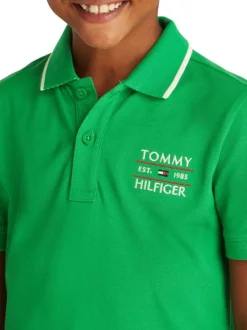 Polo en coton régénératif vert uni à coupe droite, col polo et marque