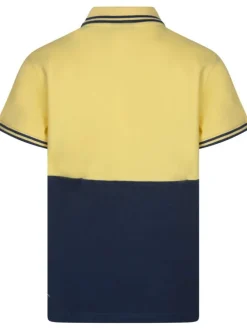 Polo jaune et marine bicolore avec nom de la marque floqué à la poitrine