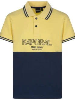 Polo jaune et marine bicolore avec nom de la marque floqué à la poitrine