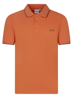 Polo orange uni à coupe droite, col polo avec liseré brun et à manches courtes