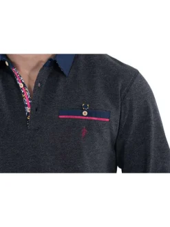 Polo anthracite uni coupe droite à col boutonné avec poche et logo brodé et manches longues