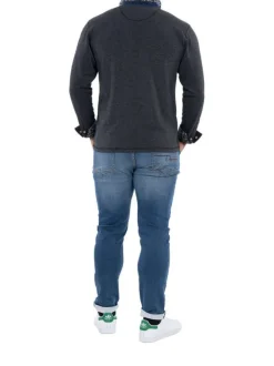 Polo anthracite uni coupe droite à col boutonné avec poche et logo brodé et manches longues