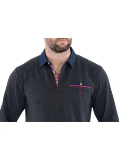 Polo anthracite uni coupe droite à col boutonné avec poche et logo brodé et manches longues