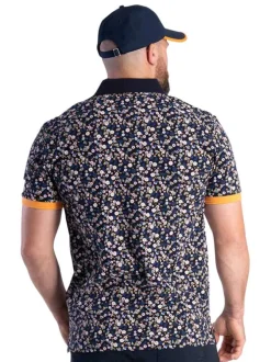 Polo bleu marine avec un imprimé fleuri à coupe droite et col boutonné