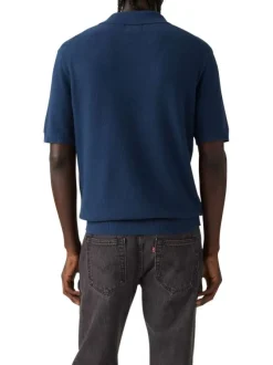 Polo bleu marine uni à coupe droite et à col fermé par deux boutons