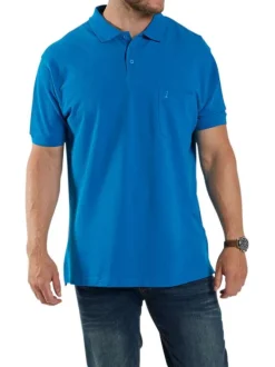 Polo bleu uni en coton avec un col boutonné et une coupe droite