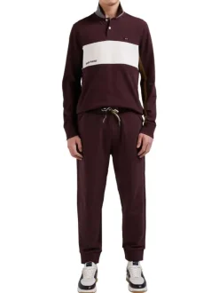 Polo bordeaux uni à coupe droite, col boutonné et à manches longues