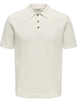 Polo écru uni en coton mélangé avec une coupe droite et un col à revers