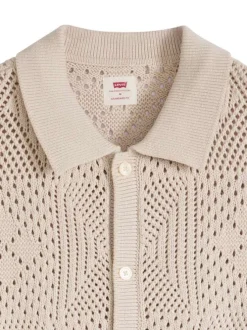 Polo en coton beige à coupe droite pourvu d'un col à revers côtelé