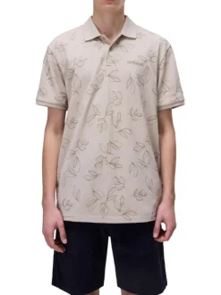 Polo en coton beige imprimé avec un col français et une coupe droite