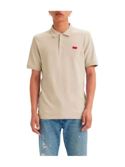 Polo en coton beige uni avec une coupe slim fit et patch cousu sur la poitrine