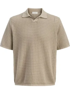 Polo en coton biologique beige à coupe droite pourvu d'un col à revers