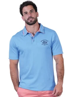 Polo en coton biologique bleu uni pourvu d'un col boutonné et d'une coupe droite