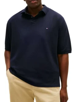 Polo en coton biologique marine uni avec une coupe droite et un col boutonné