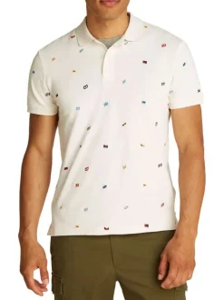 Polo en coton biologique noir à imprimé drapeaux, coupe droite et col polo