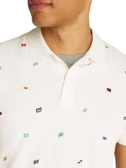 Polo en coton biologique noir à imprimé drapeaux, coupe droite et col polo