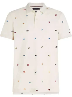 Polo en coton biologique noir à imprimé drapeaux, coupe droite et col polo