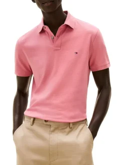 Polo en coton biologique rose à coupe ajustée pourvu d'un col boutonné