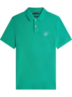Polo en coton biologique vert uni avec une coupe droite et un col boutonné