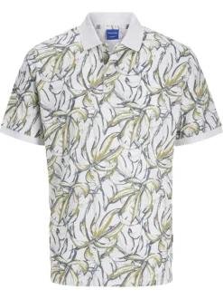Polo en coton blanc avec imprimé floral, coupe droite et manches courtes