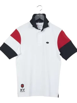 Polo en coton blanc tricolore coupe droite avec un col boutonné