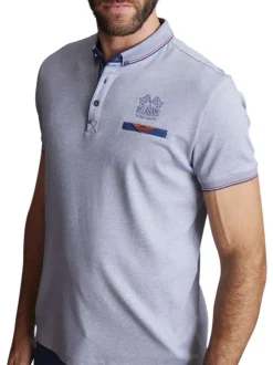 Polo en coton bleu chiné avec un col américain et une poche à la poitrine
