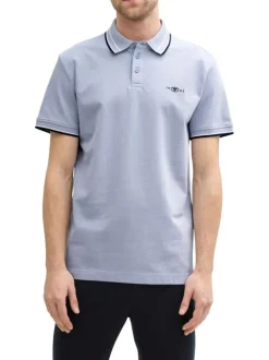 Polo en coton bleu ciel uni à coupe regular fit avec des liserés sur le col