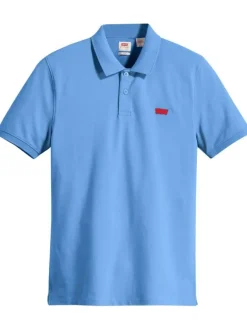 Polo en coton bleu en maille piquée avec une coupe slim et un col boutonné