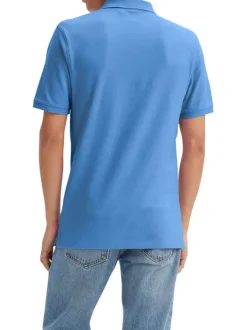 Polo en coton bleu en maille piquée avec une coupe slim et un col boutonné