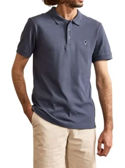 Polo en coton bleu gris uni avec une coupe droite et un col boutonné