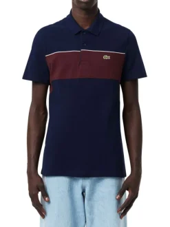 Polo en coton bleu marine et bordeaux à coupe droite avec logo et col boutonné