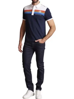 Polo en coton bleu marine uni à coupe slim fit avec des bandes de couleurs