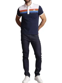 Polo en coton bleu marine uni à coupe slim fit avec des bandes de couleurs