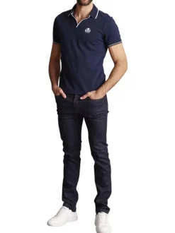 Polo en coton bleu marine uni à coupe slim fit avec un col v à revers