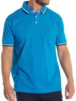 Polo en coton bleu uni à coupe droite un col boutonné et des manches courtes