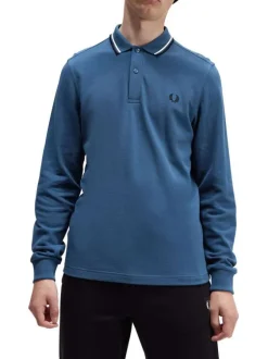 Polo en coton bleu uni à manches longues avec liserés sur le col français