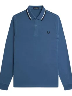 Polo en coton bleu uni à manches longues avec liserés sur le col français