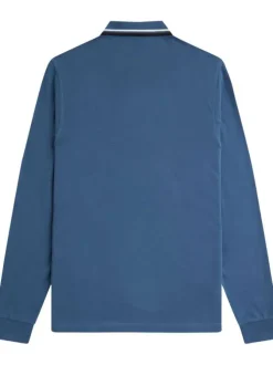 Polo en coton bleu uni à manches longues avec liserés sur le col français