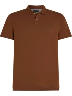 Polo en coton camel uni droit, à col polo et surpiqûres ton sur ton