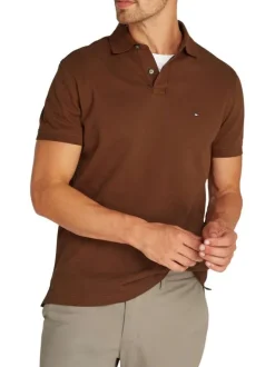 Polo en coton camel uni droit, à col polo et surpiqûres ton sur ton