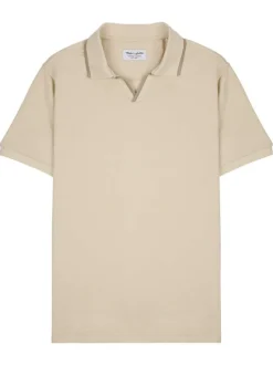 Polo en coton écru uni à coupe droite et à col v à revers avec des liserés
