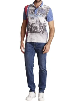 Polo en coton gris et bleu avec un imprimé vintage à l'avant et à coupe droite