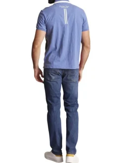 Polo en coton gris et bleu avec un imprimé vintage à l'avant et à coupe droite