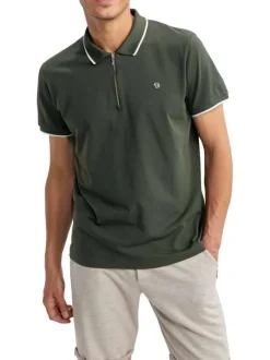 Polo en coton kaki uni pourvu de manches courtes et d'un col zippé