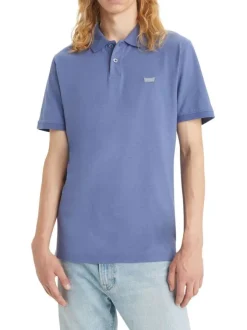 Polo en coton marine chiné avec une coupe droite et un col boutonné