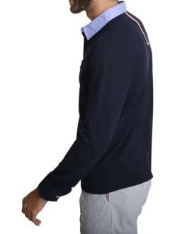 Polo en coton marine à coupe ajustée pourvu d'un col boutonné