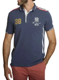Polo en coton marine à coupe droite pourvu d'un col à revers boutonné