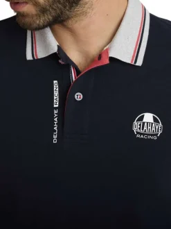 Polo en coton marine à coupe droite pourvu d'un col à revers boutonné