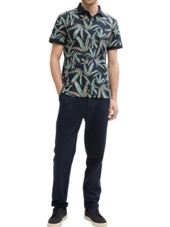 Polo en coton marine et vert à motif floral avec coupe droite et manches courtes